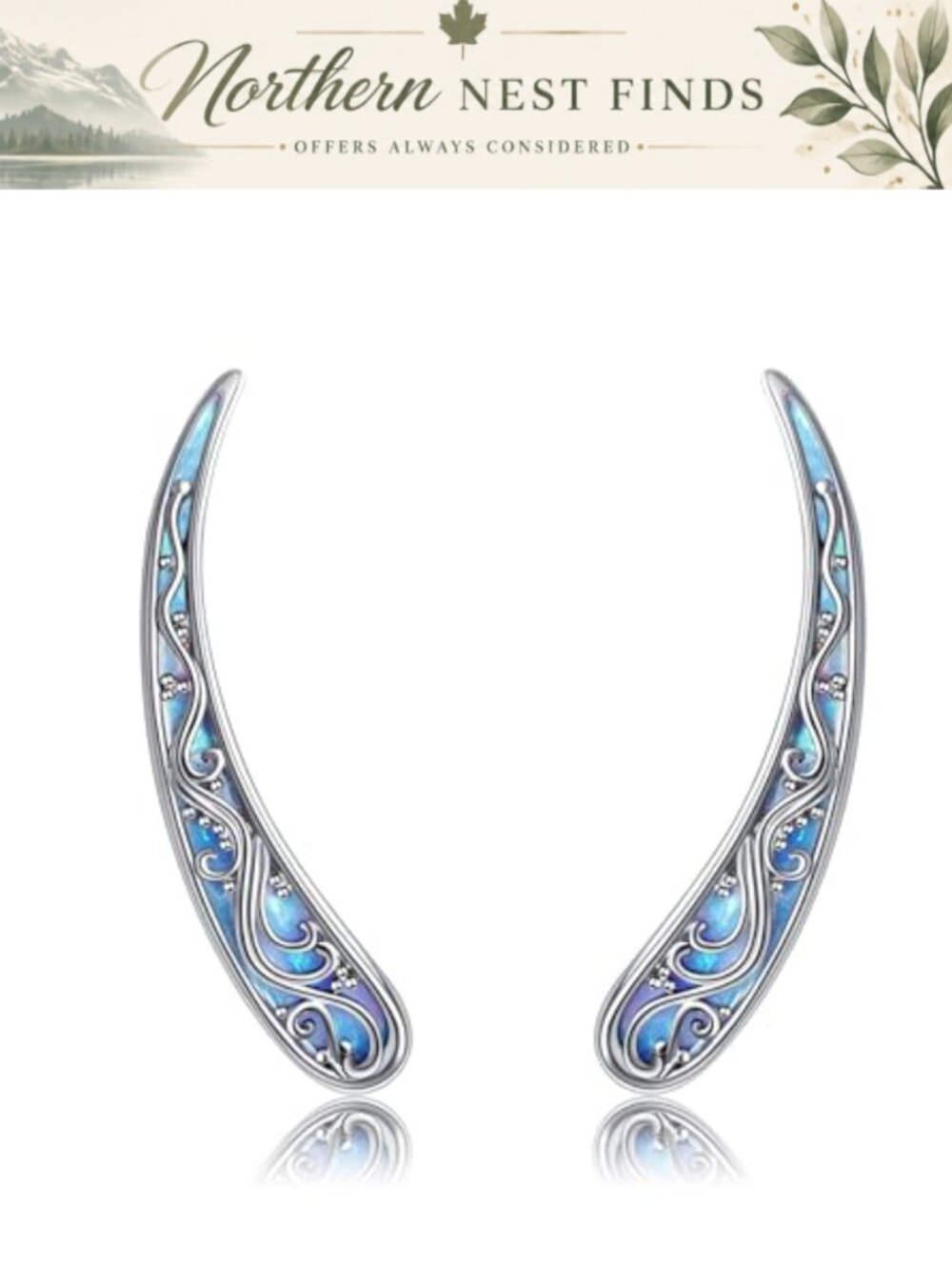 Filigree Ear Crawler Earrings Sterling Silver Created Blue Opal Vintage Jewelry